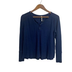 ANTHROPOLOGIE Womens Blue Waffle Knit Henley Thermal Top Shirt Size S